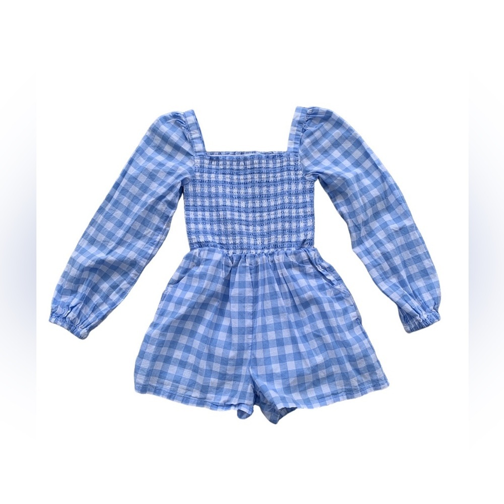 Janie and Jack Size 5 The Emma Gingham Smocked Romper Blue White Plaid One Piece